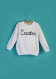 Witte Creator kids sweater van biologisch katoen met donkerblauw artwork